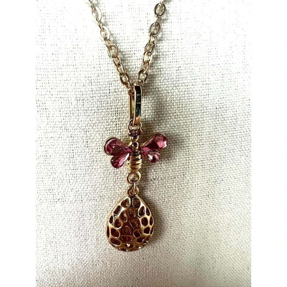 Catherine Malandrino Butterfly Necklace Pink Crystal Gold Feminine Romantic Soft